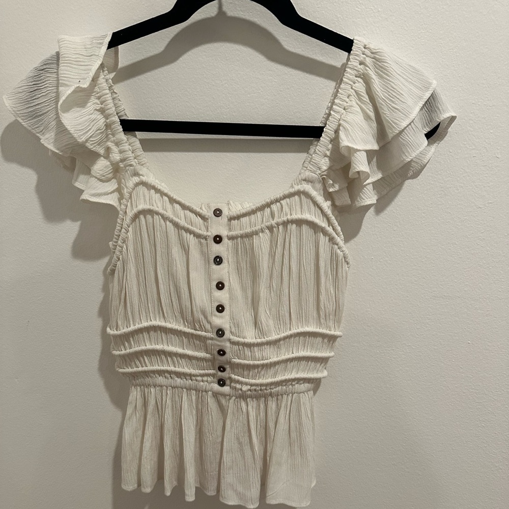 *Brand New* Shyanne White Off the Shoulder Cinch Waist White Blouse with Buttons